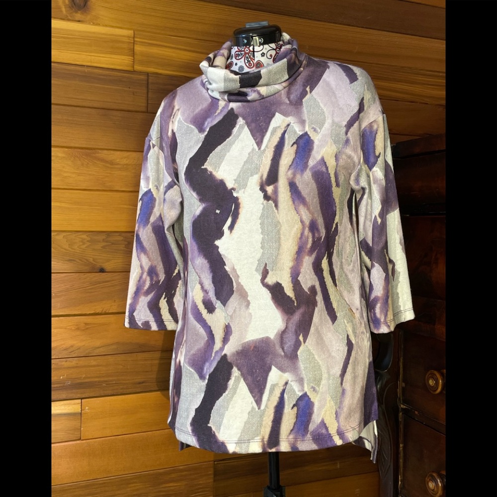 Artex Fashions Abstract Watercolor Cowl Neck Tunic Top Purple Grey Size M